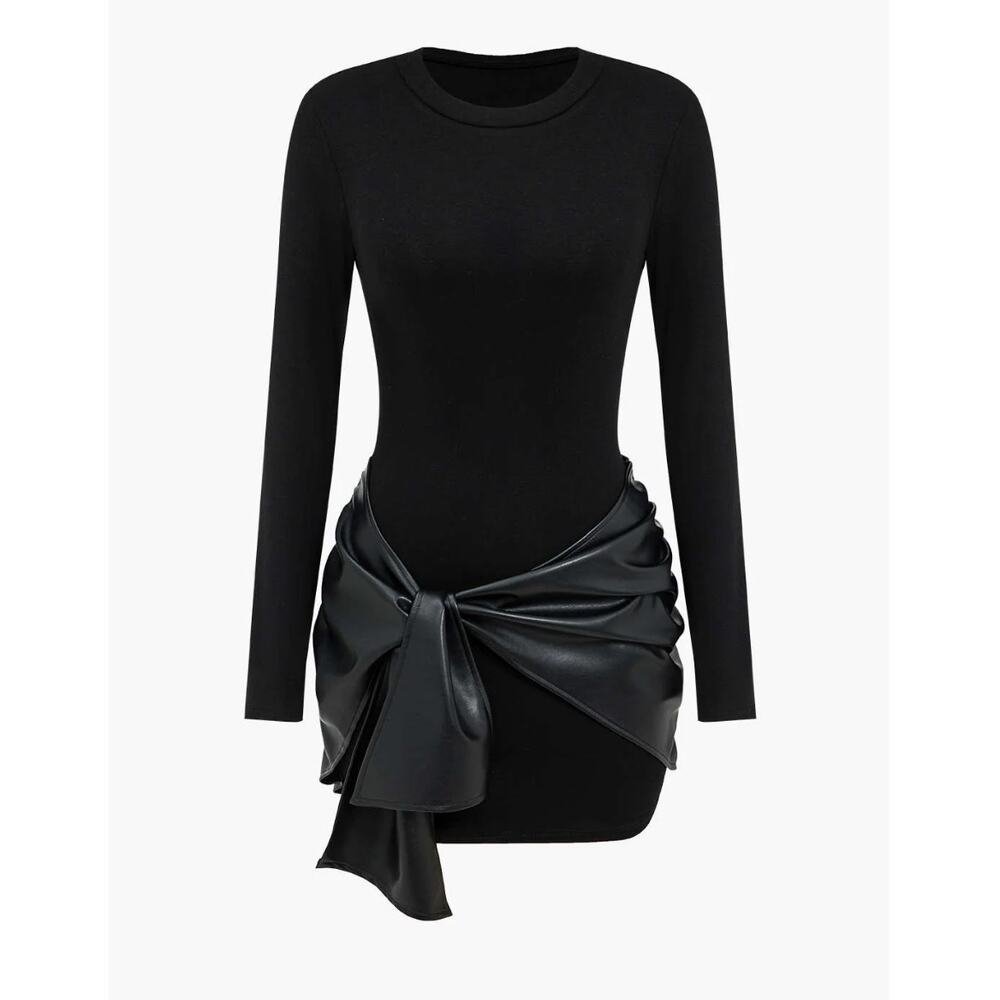 Faux Leather Patchwork Tie Front Round Neck Ruched Mini Dress